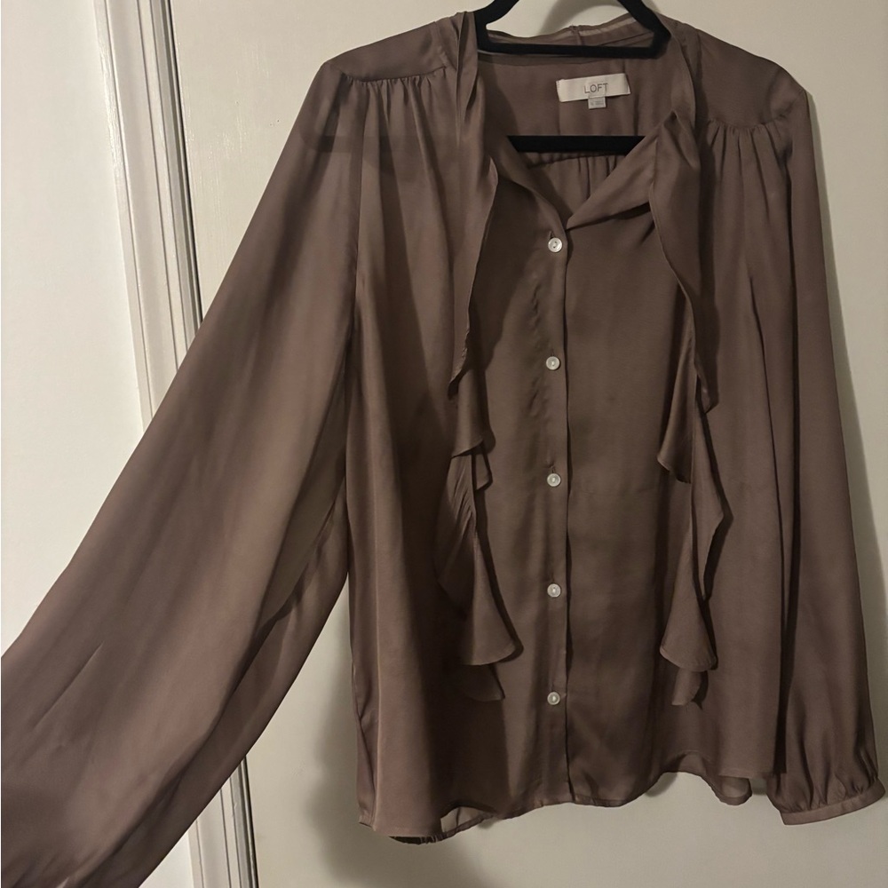 LOFT Taupe Ruffle Front Blouse - Picture 2 of 4